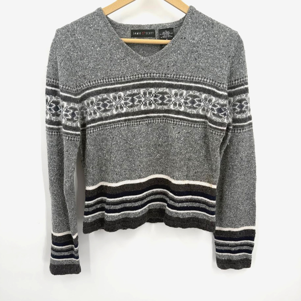 Vintage 90s Jamie Scott Sweater Womens M Gray Fair Isle Angora Ramie Nordic